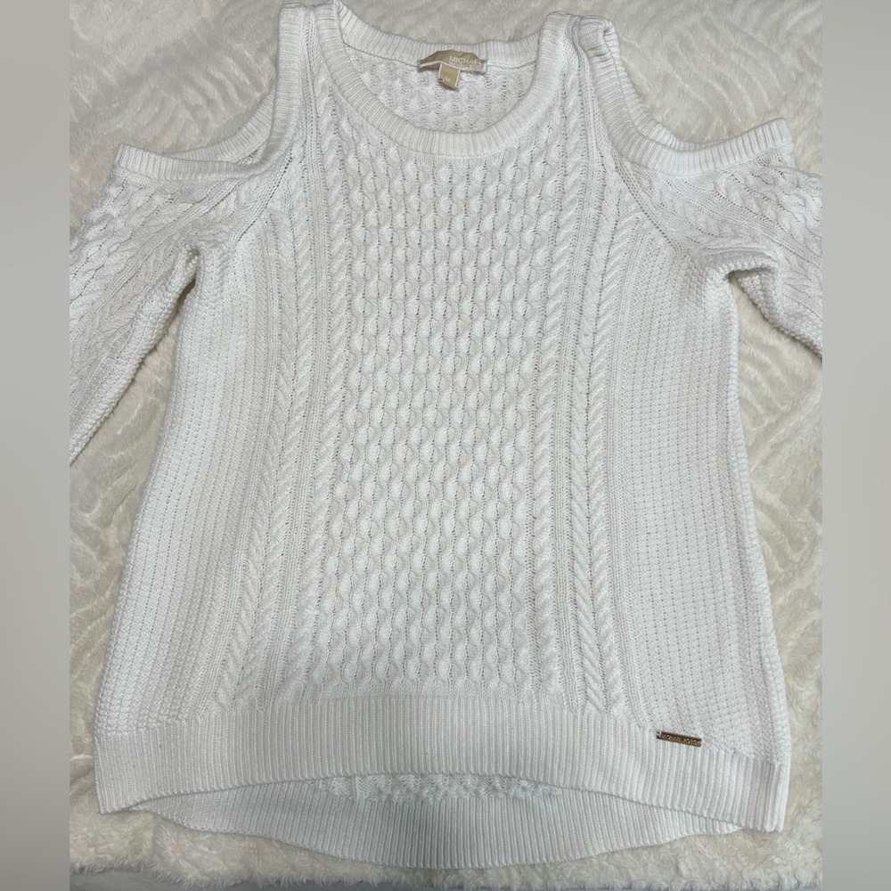 Michael Kors White Cold Shoulder Sweater Medium Cable Knit Hi Low Hem Cozy Chic - Picture 9 of 14